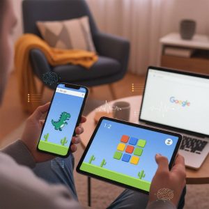 Gra Snake wyświetlona w wynikach wyszukiwania Google na ekranie laptopa, ilustrująca psychologiczne mechanizmy uzależnienia od prostych gier przeglądarkowych.