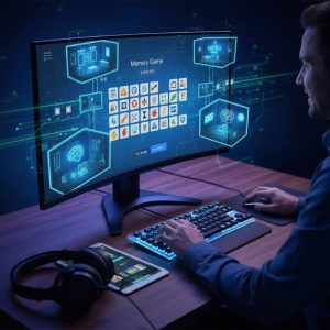 Kolorowe postacie z gry pamięciowej Google na ekranie komputera i grafika mózgu symbolizująca skuteczne techniki zapamiętywania oraz bicie rekordów.